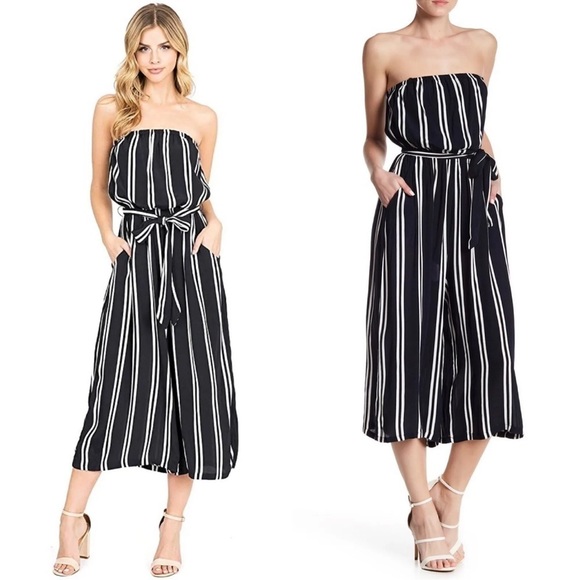 Dress Forum Strapless Navy Blue Striped Jumpsuit - Picture 1 of 5
